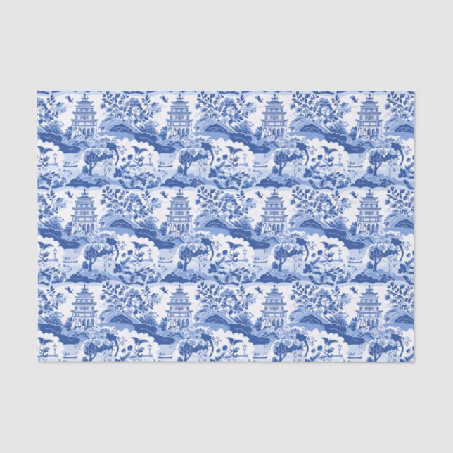 Chinoiserie Blue & White Pagodas Seidenpapier (Vorderseite)