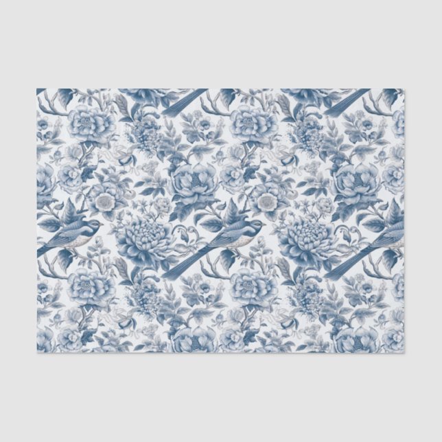 Chinoiserie Blue White Peony Floral Bird Dekoupage Seidenpapier (Vorderseite)