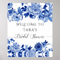Chinoiserie Blue White Welcome Bird Foliage Bridal