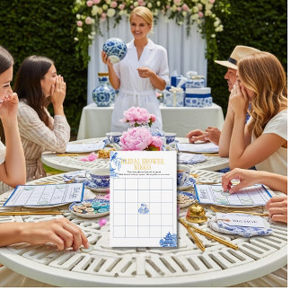 Chinoiserie Blue Willow Bridal Shower Bingo game Einladung