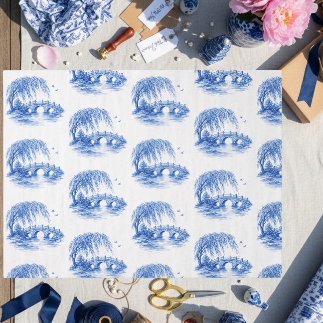 Chinoiserie Blue Willow Water Bridge Seidenpapier (Chinoiserie Blue Willow Water Bridge Tissue Paper)