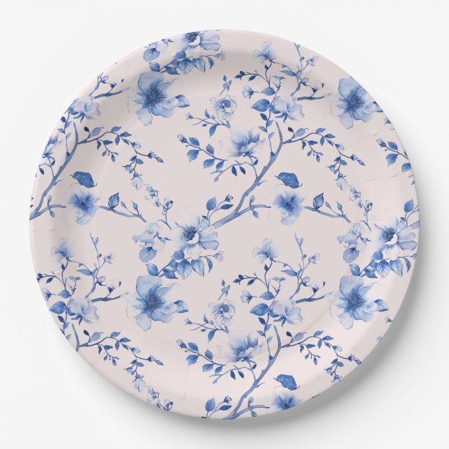 Chinoiserie-Blume in Blau und Rosa Pappteller (Vorderseite)