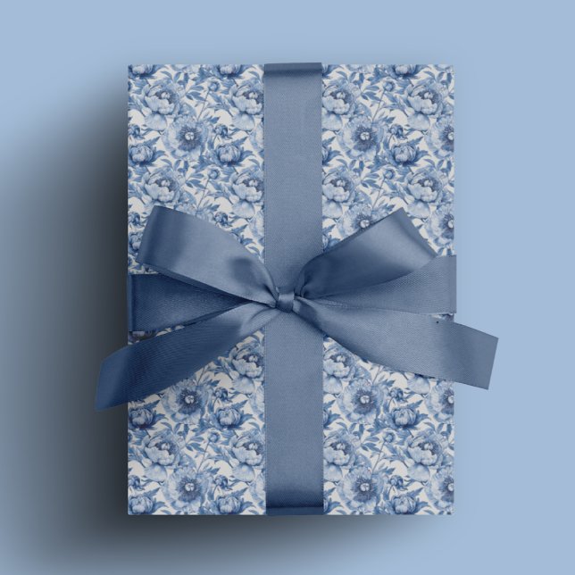 Chinoiserie Blume Muster Geschenkpapier (Botanical Blue Floral Chinoiserie Flower Pattern Wrapping Paper)