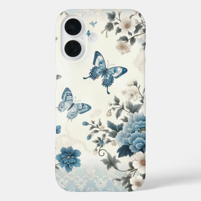Chinoiserie Blume und Schmetterlinge iPhone 16 Hülle (Rückseite)