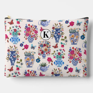 Chinoiserie-Blumen-Monogramm-Kosmetiktasche Zubehörtasche