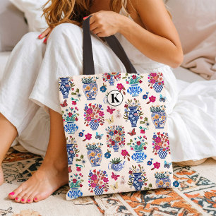 Chinoiserie-Blumen-Monogramm-Tasche für Frauen Tasche