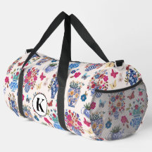Chinoiserie-Blumen-Monogramm-Wochenendreise-Tasche