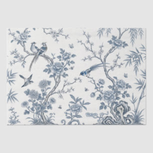 Chinoiserie Blumen-Vogel-Staubblau und Weiß Seidenpapier
