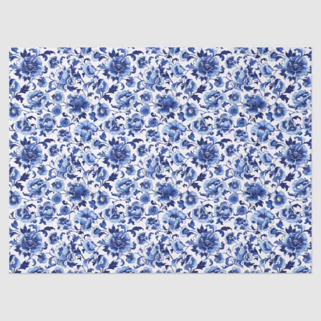 Chinoiserie Blumenblau Weißes Muster Dekoupage Seidenpapier (Vorderseite)