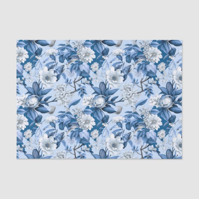 Chinoiserie Blumenblauer weißer Malerstil Seidenpapier (Vorderseite)