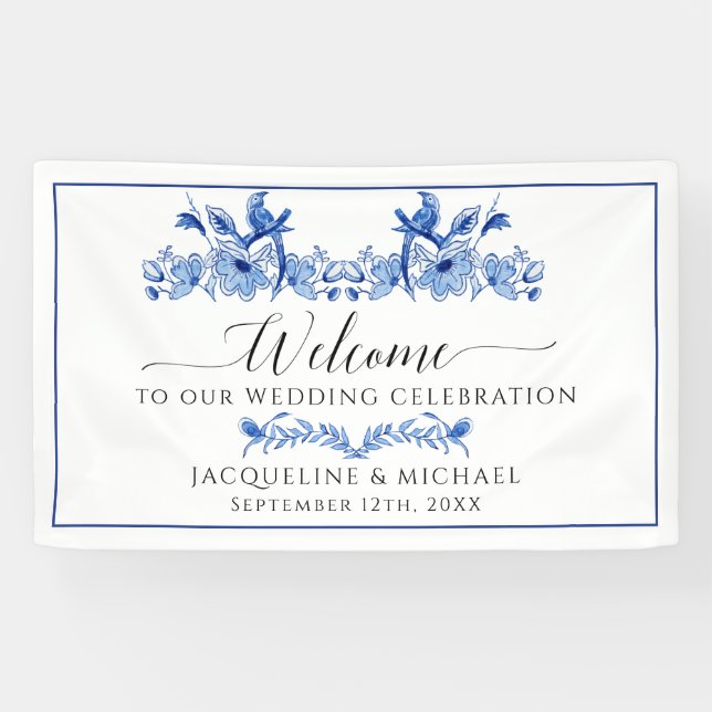 Chinoiserie Blumenmarsch Blaue Vogelhochzeit Banner (Horizontal)