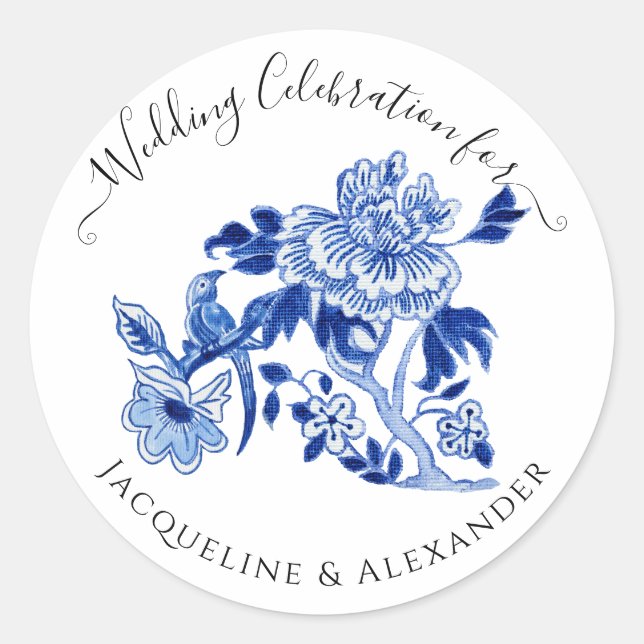 Chinoiserie Blumenmarsch Blaue Vogelhochzeit Runder Aufkleber (Vorderseite)