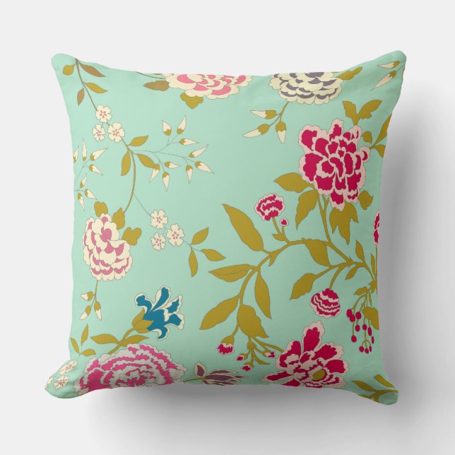 Chinoiserie-Blumenmuster-Jade-Grün Kissen (Vorderseite)