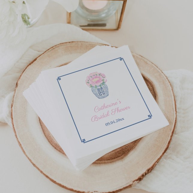 Chinoiserie Blush Pink Navy Peer Polterabend N Serviette (Preppy pink and navy peony bridal shower or girl baby shower party napkins)