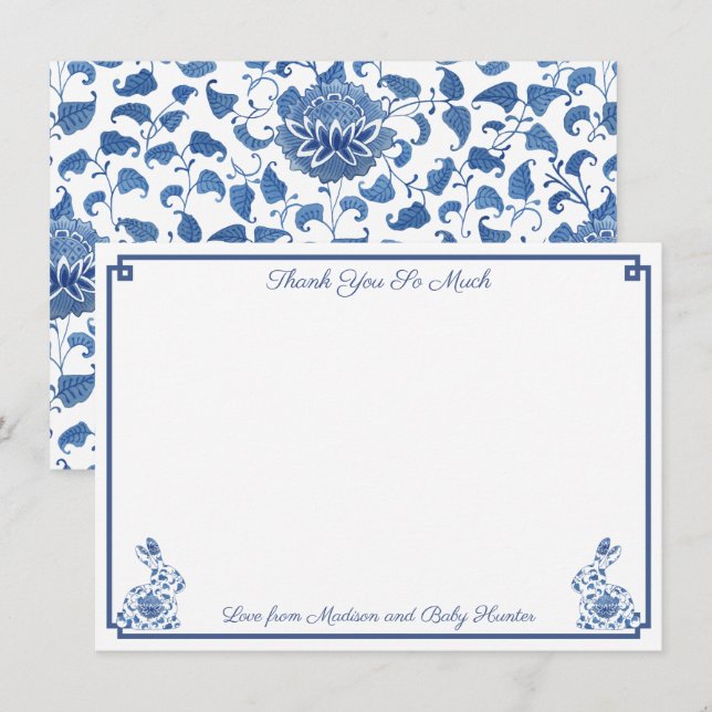 Chinoiserie Bunny Blue und White Boy Baby Dusche Dankeskarte (Vorne/Hinten)