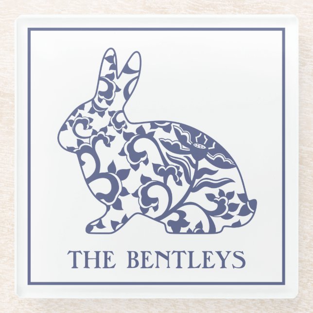 Chinoiserie Bunny Rabbit Glass Untersetzer (Vorderseite)