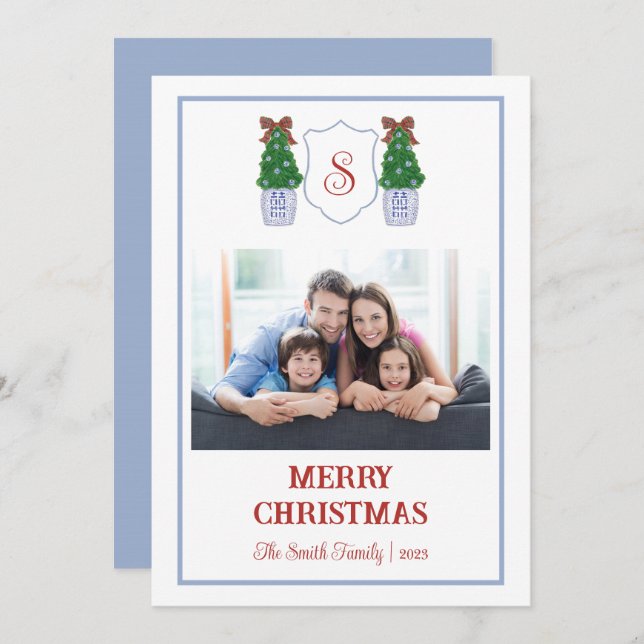 Chinoiserie Carte de Noël Bleu Et Blanc (Devant / Derrière)