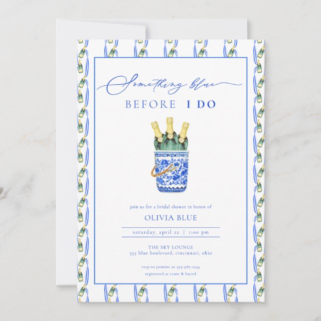 Chinoiserie Champagne Etwas Blaues Brautparty Einladung (Vorderseite)