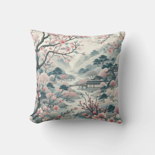 Chinoiserie Cherry Blossom Garten Pagoda Muster Kissen (Vorderseite)