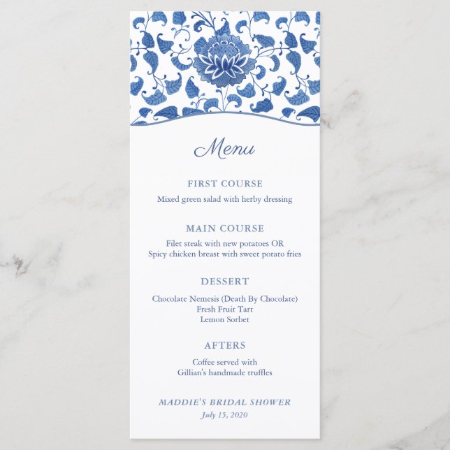 Chinoiserie Chic Blau und Weiß Polterabend Menükarte (Vorderseite)