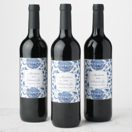 Chinoiserie Chic Blau und Weiß Polterabend Weinetikett