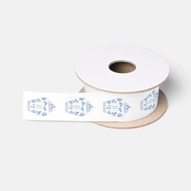 Chinoiserie Chic Blau-Weiß-Monogramm-Buchstaben Satinband (Spule)