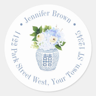 Chinoiserie Chic Blau Weiße Blumeneingangsadresse Runder Aufkleber