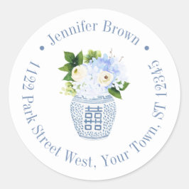 Chinoiserie Chic Blue White Floral Rücksendeadress Runder Aufkleber