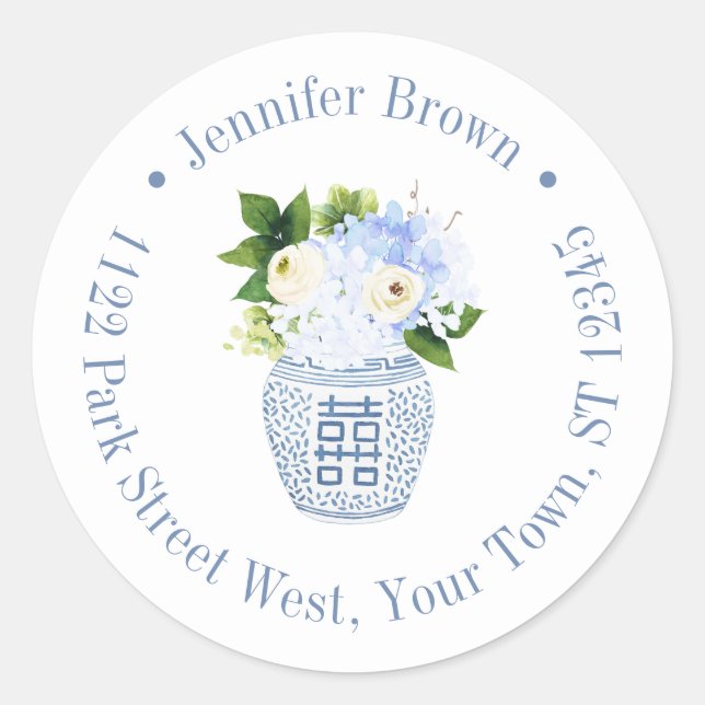 Chinoiserie Chic Blue White Floral Rücksendeadress Runder Aufkleber (Vorderseite)