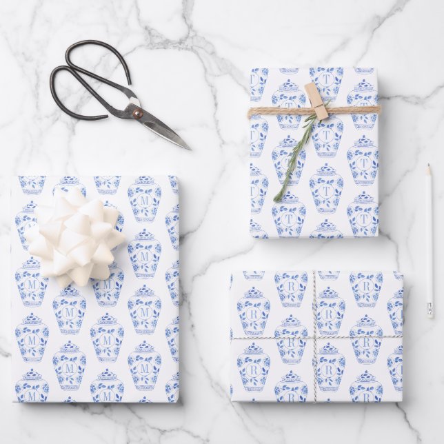 Chinoiserie Chic Blue & White Ginger Jar Monogram Geschenkpapier Set (Vorderseite)