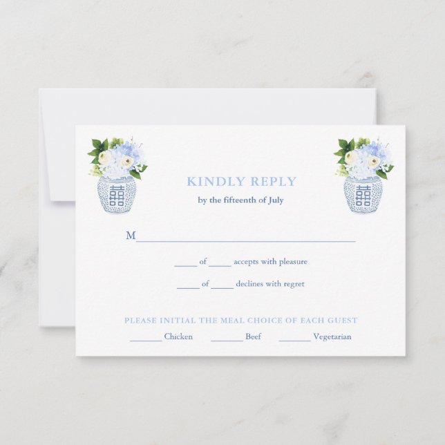 Chinoiserie Chic Blue & White Wedding RSVP Karte (Rückseite)