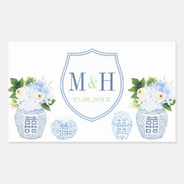 Chinoiserie Chic Blue & White Wedding Wappen Gefal Rechteckiger Aufkleber