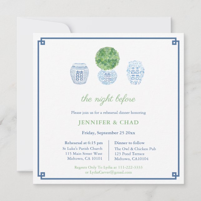 Chinoiserie Chic Boxwood Hochzeit Probe Dinner Einladung (Vorderseite)