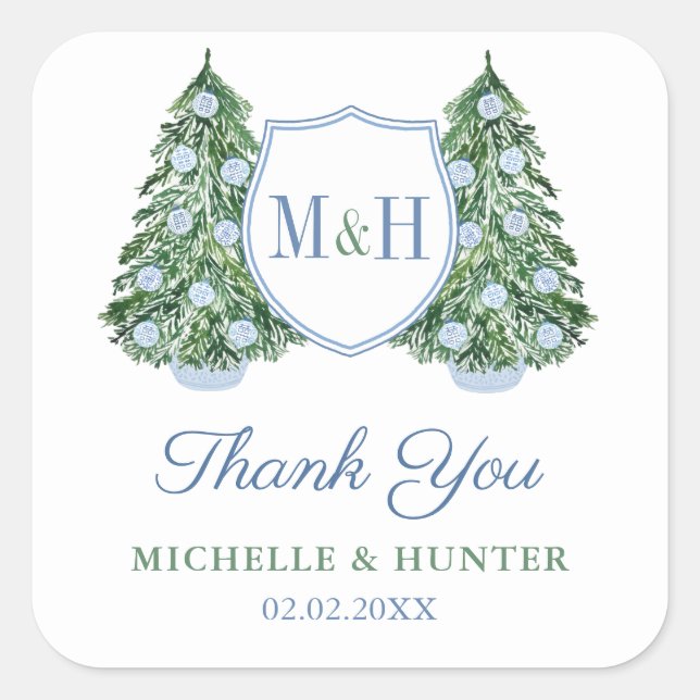 Chinoiserie Chic Christmas Tree Wedding Logo Gefal Quadratischer Aufkleber (Vorderseite)