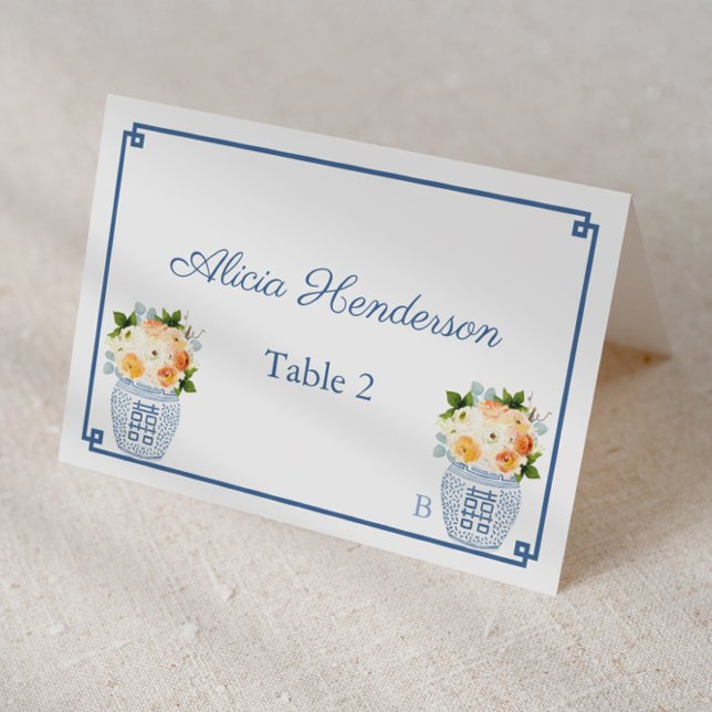 Chinoiserie Chic Fall Blume Hochzeit Platzkarte Tischnummer (Blue and white ginger jars with fall flowers individual place cards)