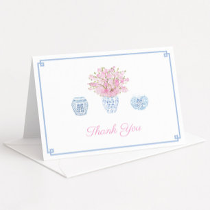 Chinoiserie Chic Himmelblau und Rosa Brautparty Dankeskarte