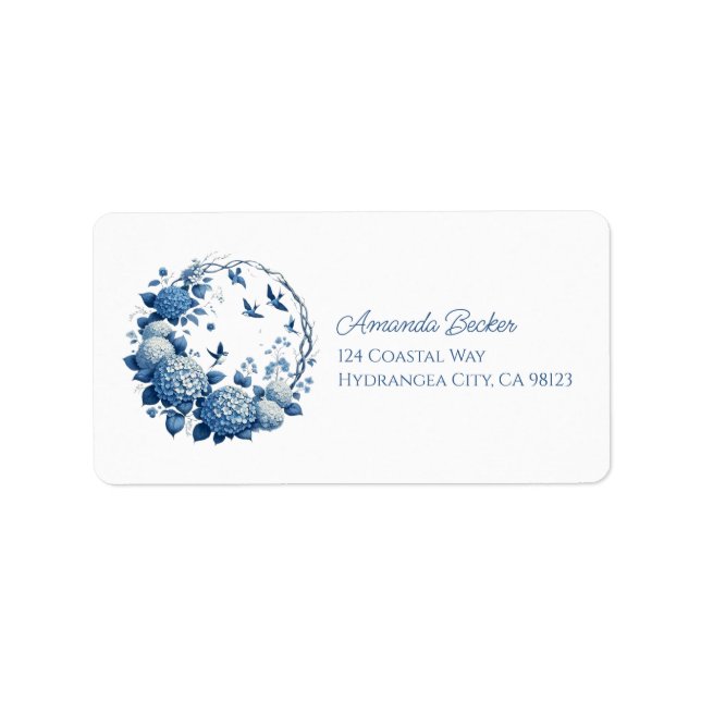 Chinoiserie Chic, Hydrangeas und Bluebirds Wreath Adressaufkleber (Vorne)