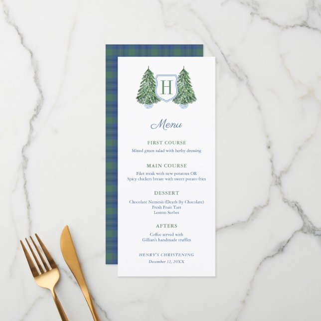 Chinoiserie Chic Monogram Winter Taufe Party Menükarte (Vorderseite/Rückseite Beispiel)