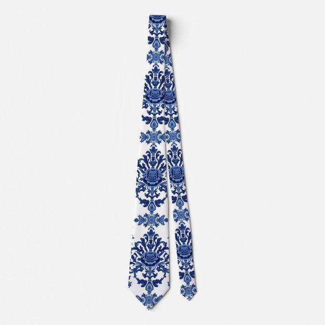 Chinoiserie Chic Navy Blau Blumenornament Muster Krawatte (Vorderseite)
