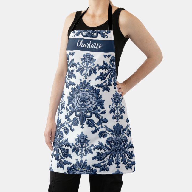 Chinoiserie Chic Navy Blue Flower Ornament Pattern Schürze (InSitu)
