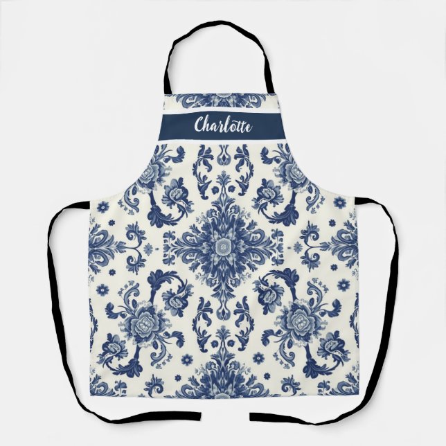 Chinoiserie Chic Navy Blue Flower Ornament Pattern Schürze (Vorderseite)