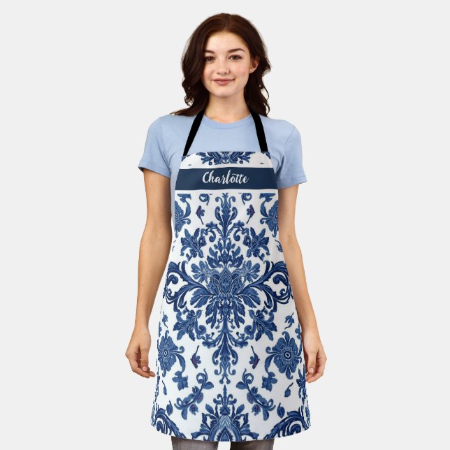 Chinoiserie Chic Navy Blue Flower Ornament Pattern Schürze (Getragen)