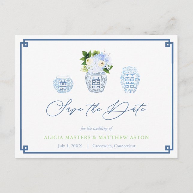Chinoiserie Chic Navy Blue Green Save the Date Postkarte (Vorderseite)