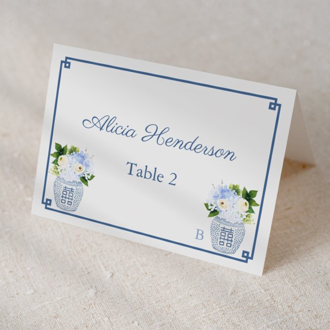 Chinoiserie Chic Navy White Wedding Platzkarte Tischnummer (Elegant chinoiserie chic blue and white individual place card design)