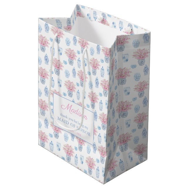 Chinoiserie Chic Pink & Blue Bridesmaids Vielen Da Mittlere Geschenktüte (Vorderseite Schrägansicht)