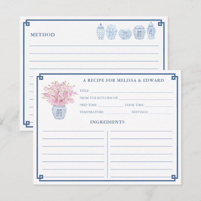 Chinoiserie Chic Pink und Blue Rezept Card Einladung (Vorne/Hinten)