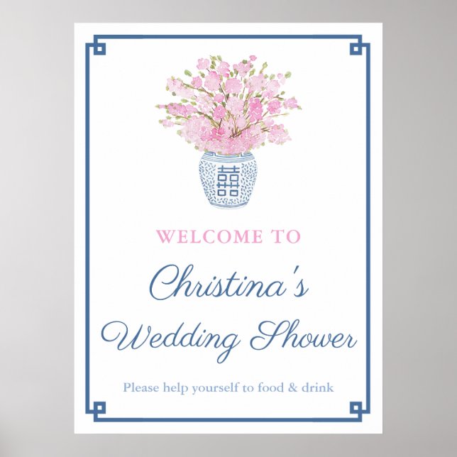 Chinoiserie Chic Pink und Navy Blue Polterabend Poster (Vorne)