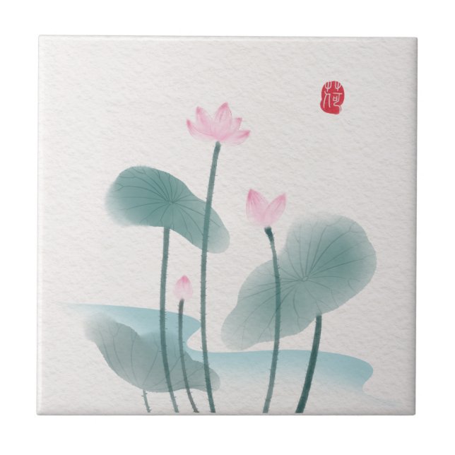 Chinoiserie Chinesische Tintenpatronen Lotus Flora Fliese (Vorderseite)