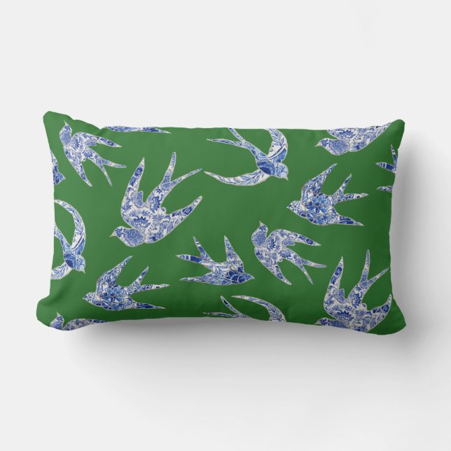 Chinoiserie Chorbraun Blauer Grüne Schwalben Lendenkissen (Vorderseite)
