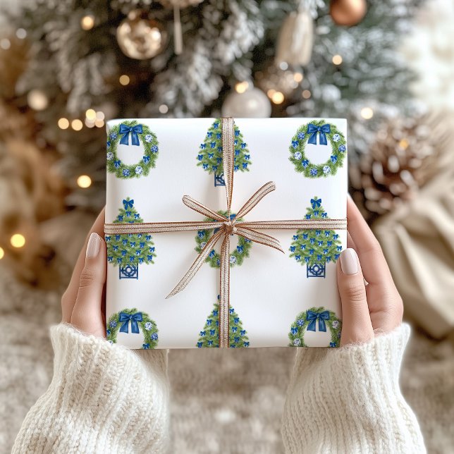 Chinoiserie Christmas Blau und Weiß Geschenkpapier (Chinoiserie Christmas Tree and Wreath Gift Wrapping Paper)